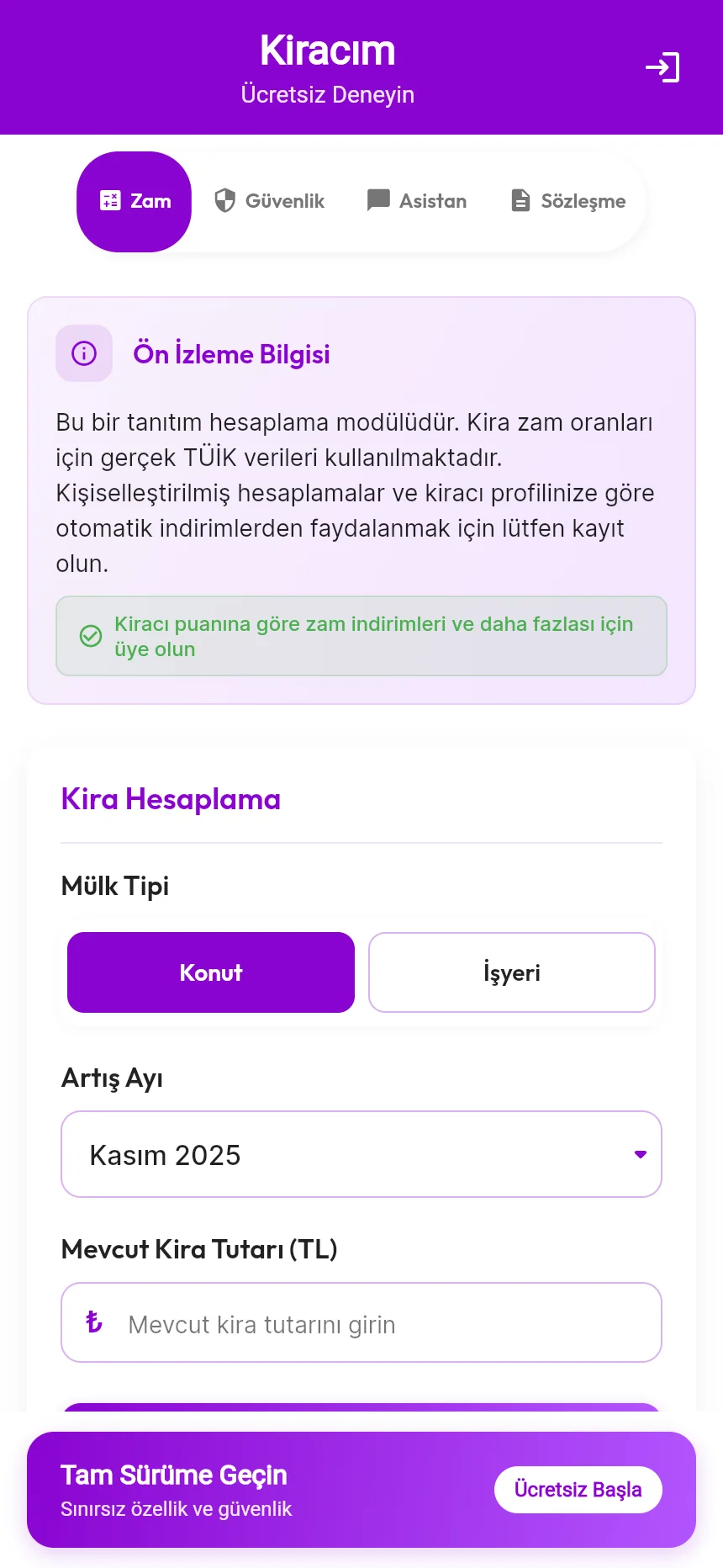 Kiracım sözleşme oluşturma ekranı